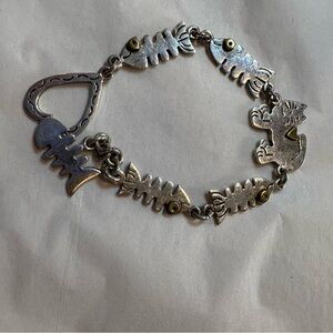 Sterling Silver Cat and Fishbone Bracelet